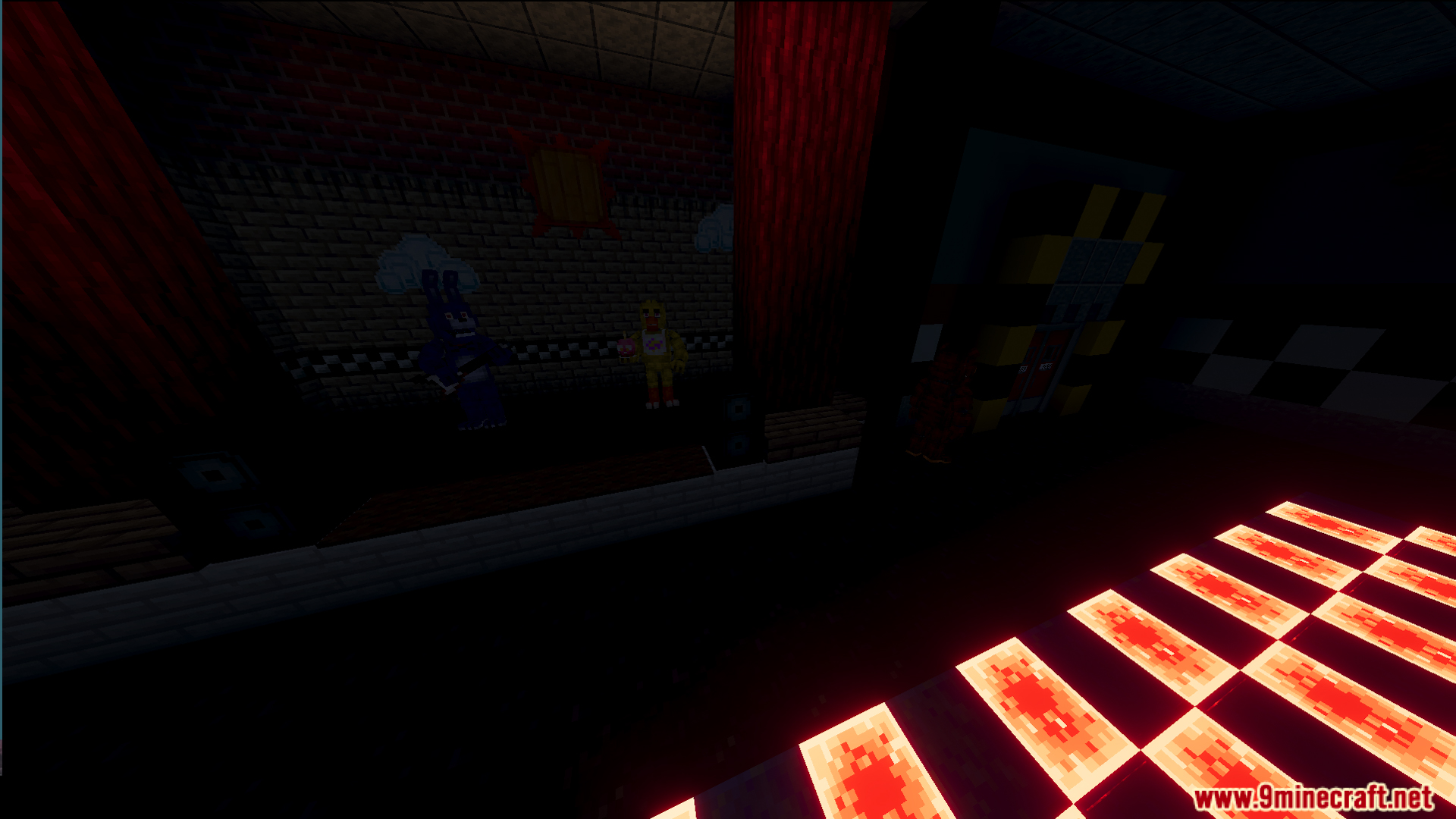 Fazbears Pizzeria Horror Ofv2 Map Screenshot 6 Bonnie and Chica animatronics stand on a stage with glowing checkered floor tiles