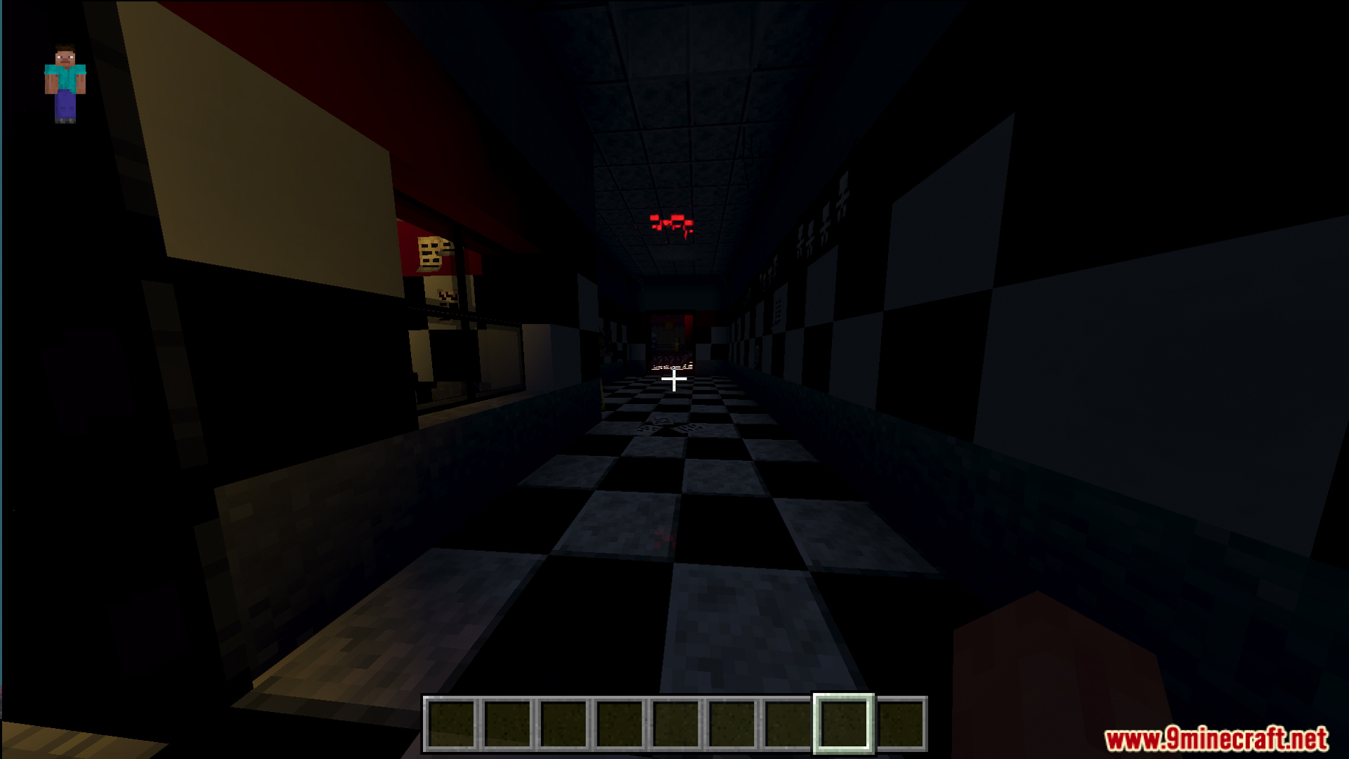 Fazbears Pizzeria Horror Ofv2 Map Screenshot 8 Dark hallway with checkered walls and floor in a scary pizzeria survival map