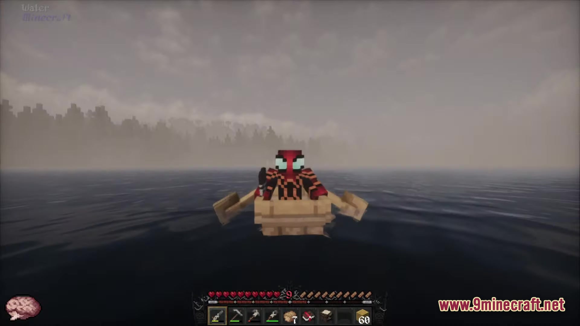 A player character in a custom skin rows a wooden boat across a foggy ocean biome