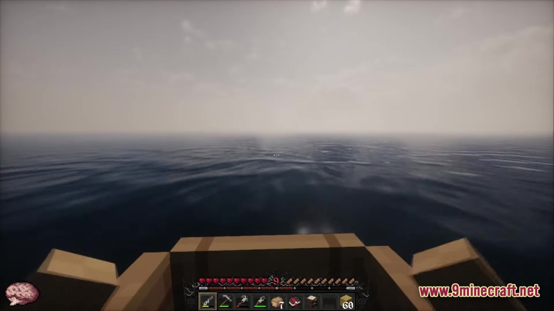 A player navigates a vast, foggy ocean biome from a first-person perspective inside a wooden boat