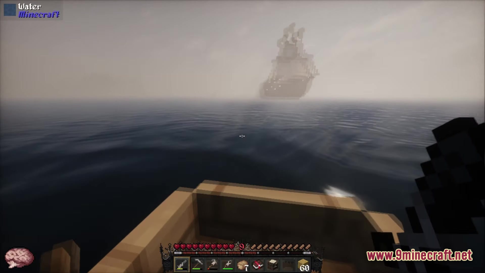 A player in a wooden boat approaches a large sailing ship through thick ocean fog
