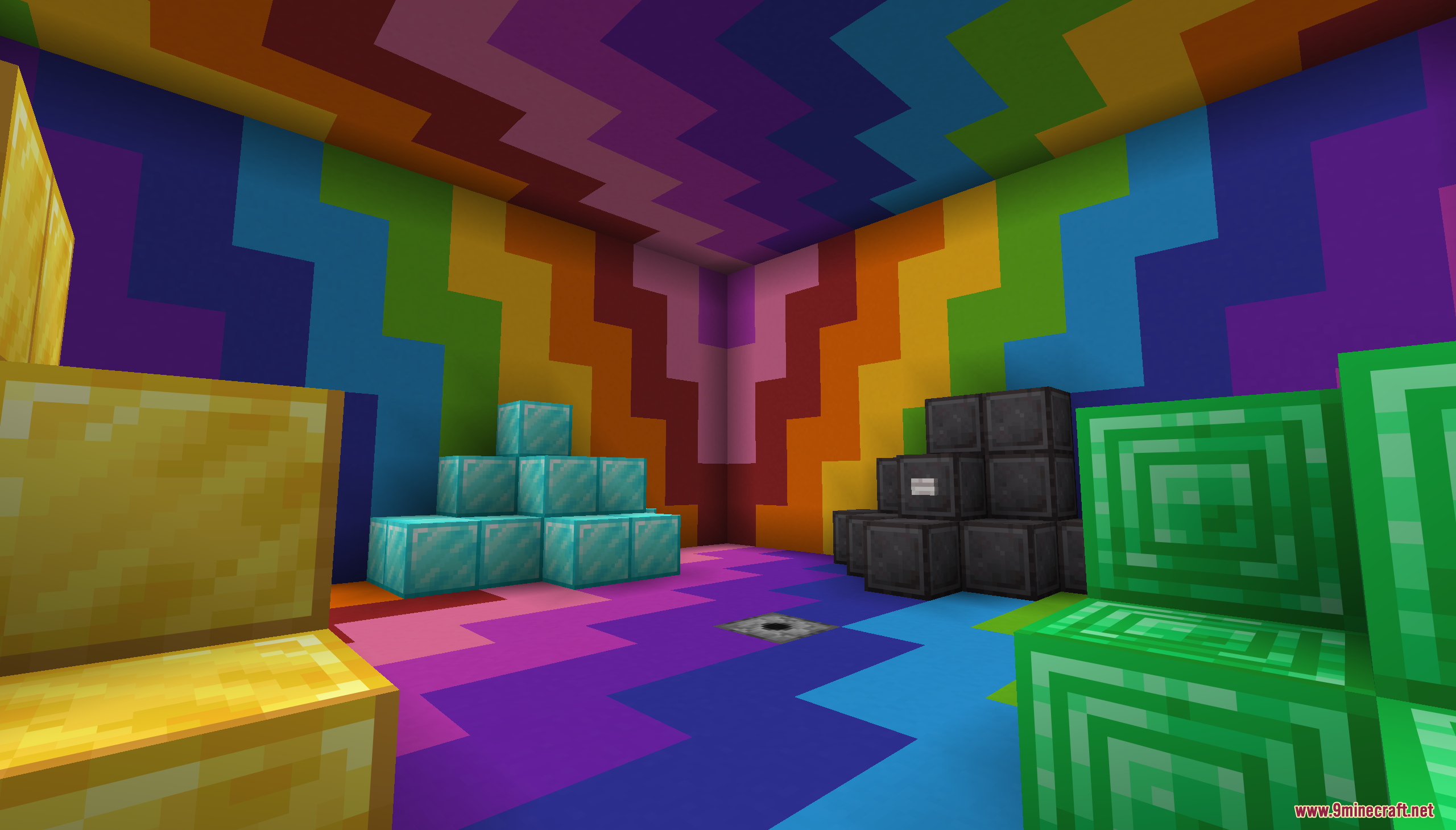 Find the Shulker Map Screenshot 10 A vibrant rainbow room filled with stacks of diamond gold and emerald blocks