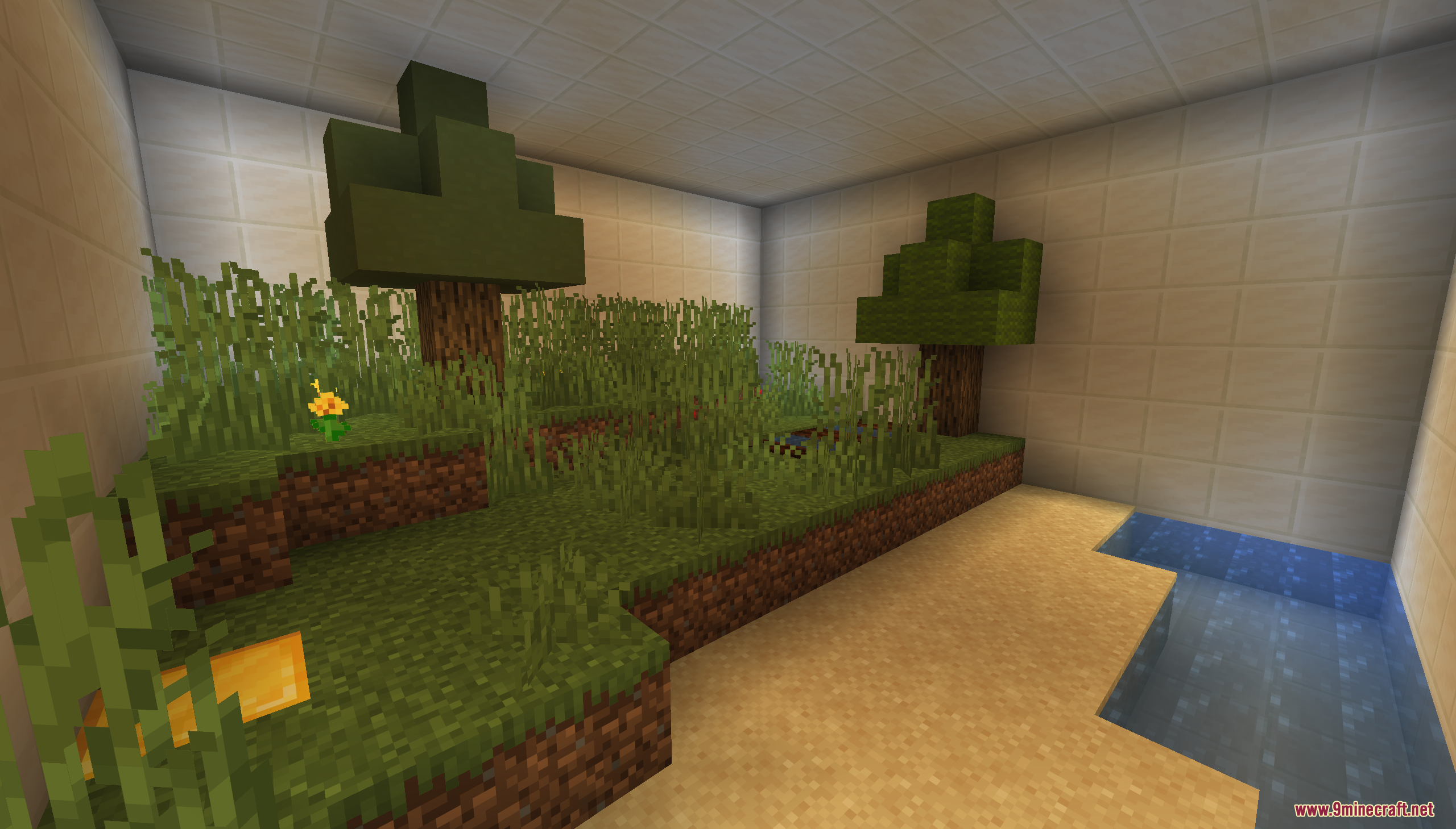 Find the Shulker Map Screenshot 3 A small indoor room featuring a grassy landscape with trees and water