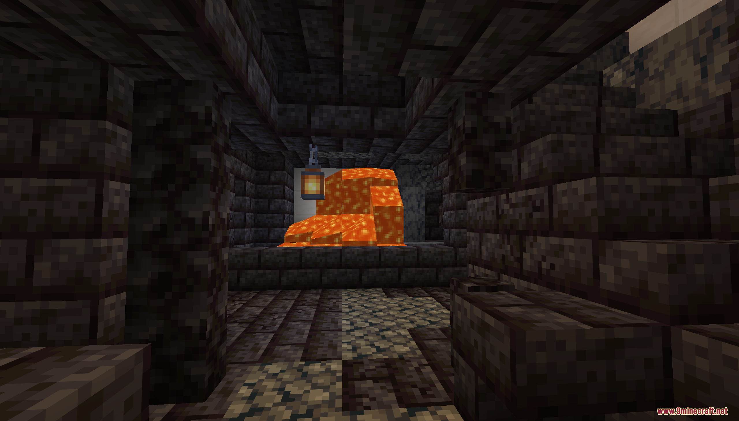 Find the Shulker Map Screenshot 6 A dark stone brick room featuring a lantern and a lava pool