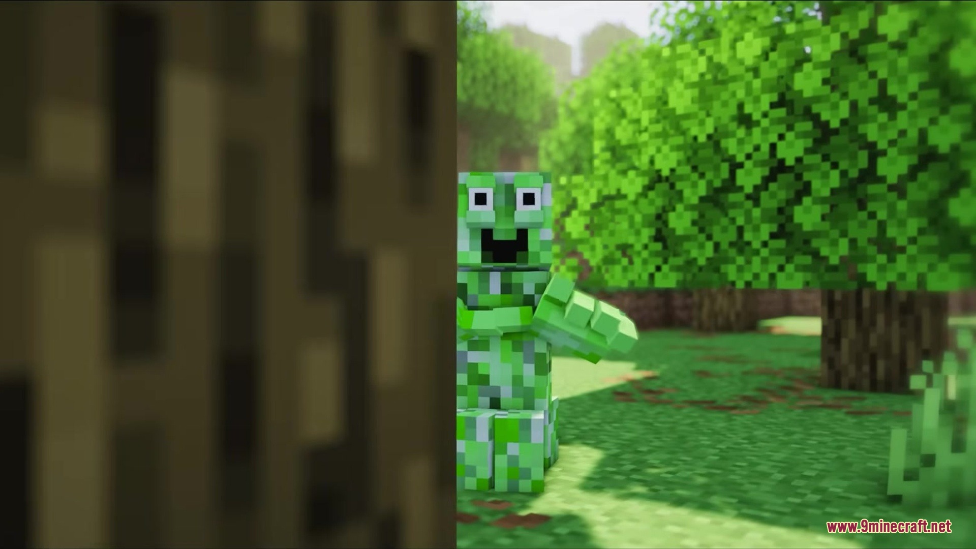 Fingees Mod Mod Screenshot 1 A funny Creeper with wide eyes peeking from behind a tree trunk