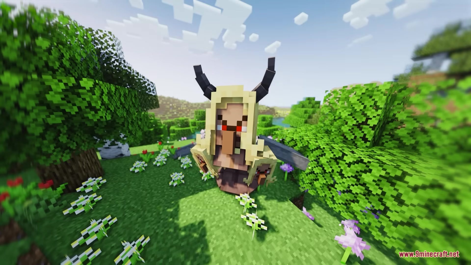 Fingees Mod Mod Screenshot 11 A blonde villager with horns and wings standing in a grassy flower field
