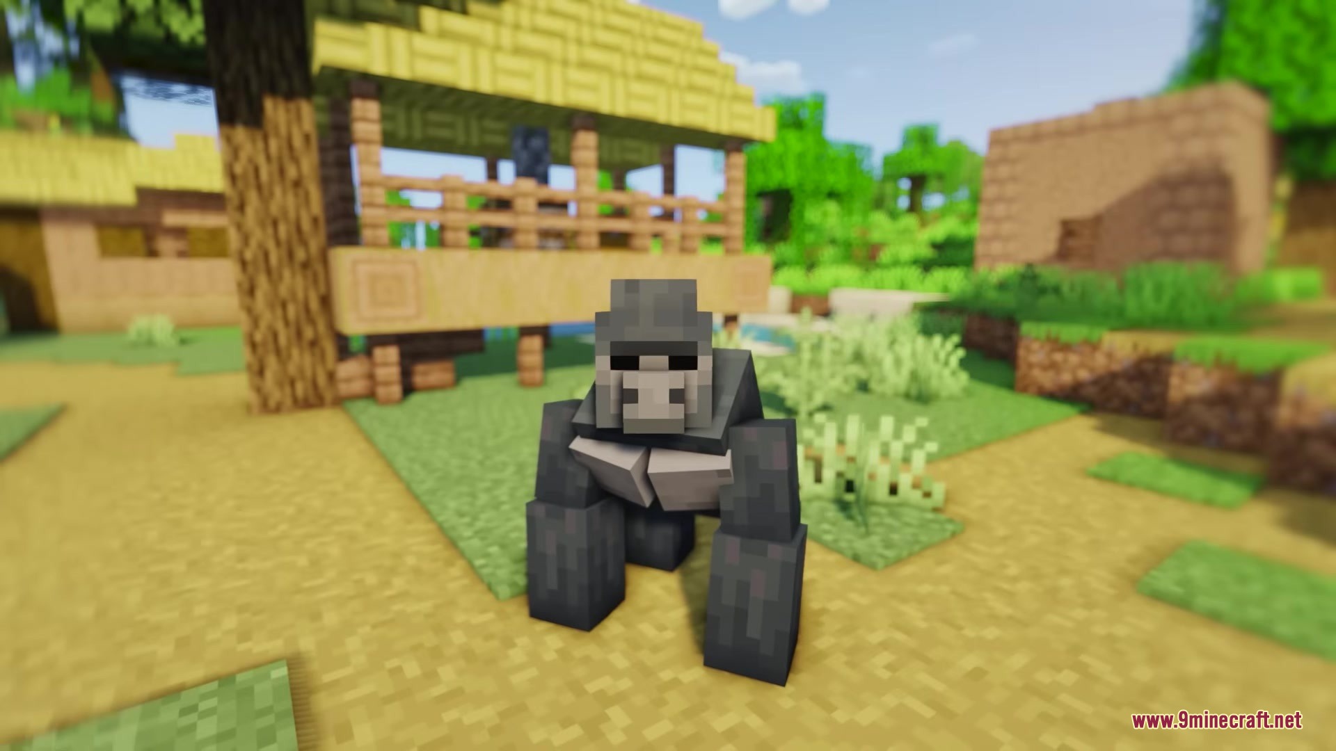 Fingees Mod Mod Screenshot 12 A large grey gorilla mob standing in the middle of a Minecraft village