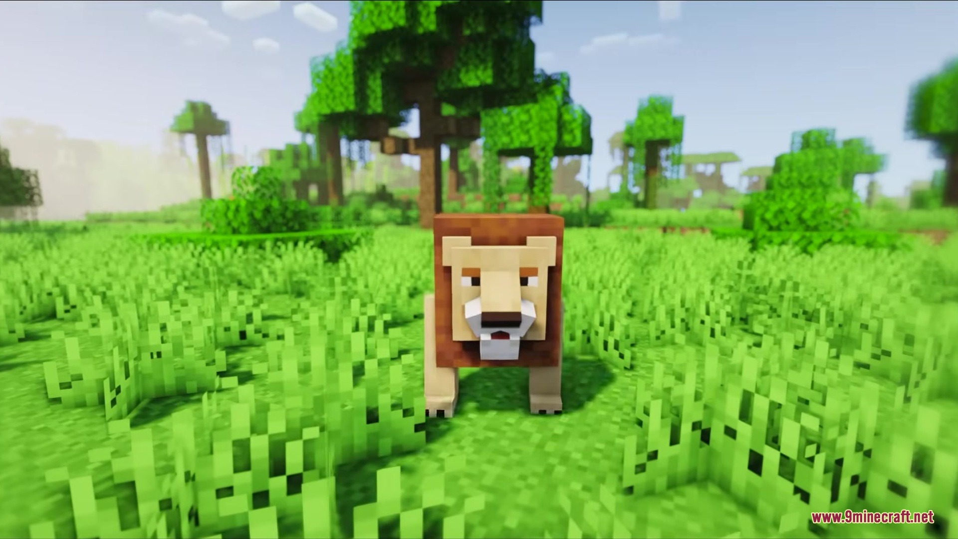 Fingees Mod Mod Screenshot 2 A blocky lion standing in a lush green Minecraft jungle biome