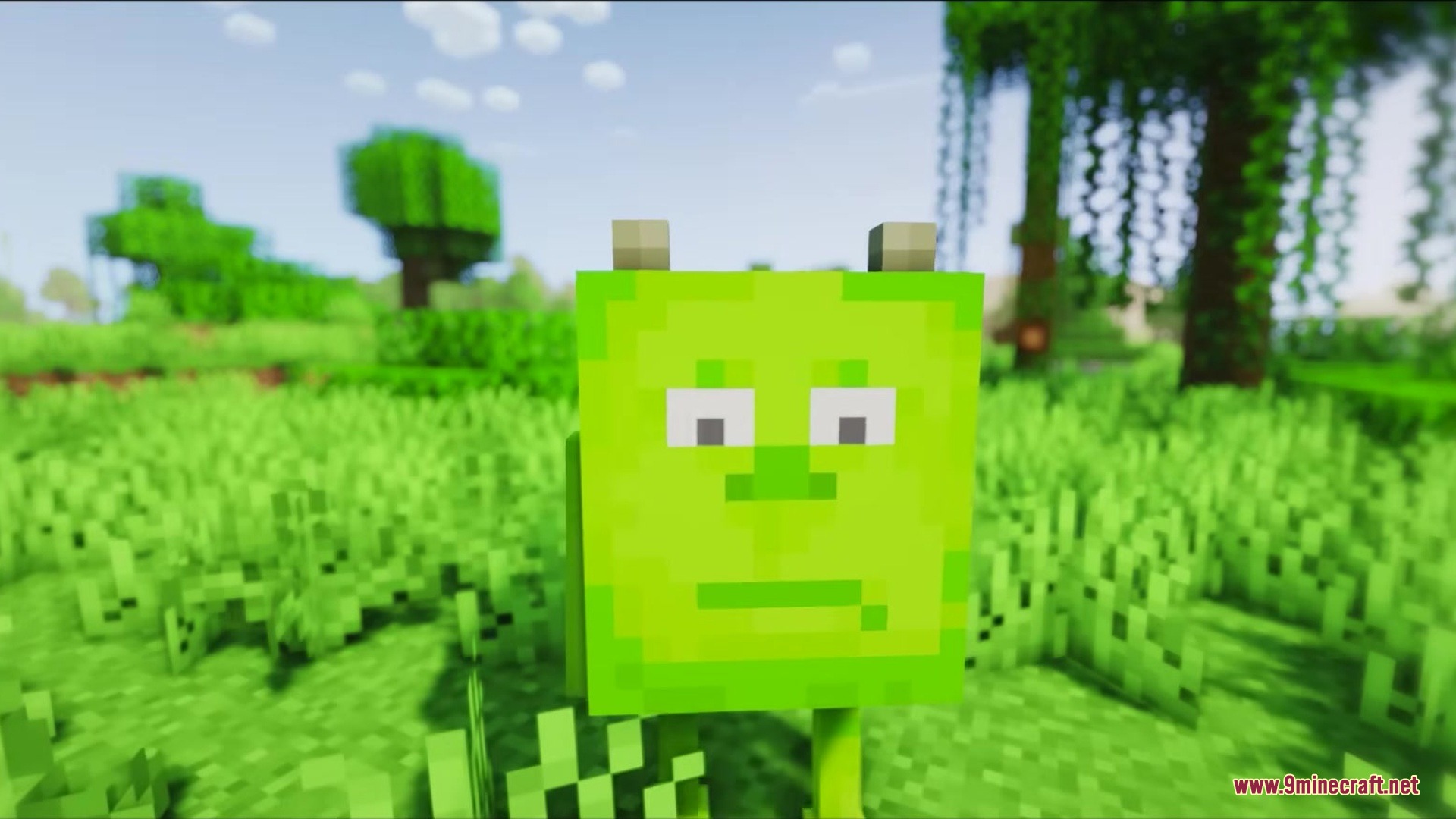 Fingees Mod Mod Screenshot 3 A green blocky character with two eyes standing in a grassy field
