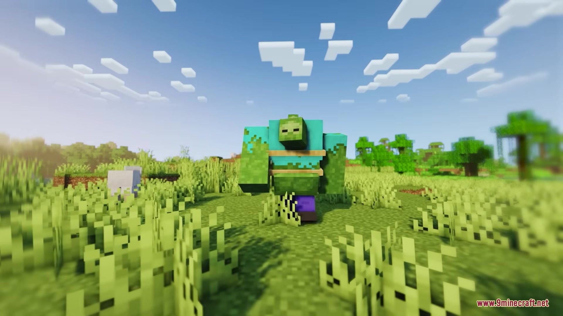 Fingees Mod Mod Screenshot 5 A muscular buff zombie character standing in a sunny Minecraft grass field