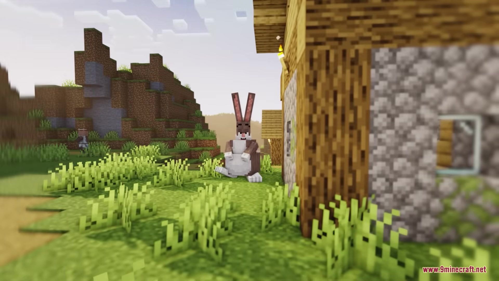 Fingees Mod Mod Screenshot 7 Big Chungus character standing near a wooden house in a Minecraft village