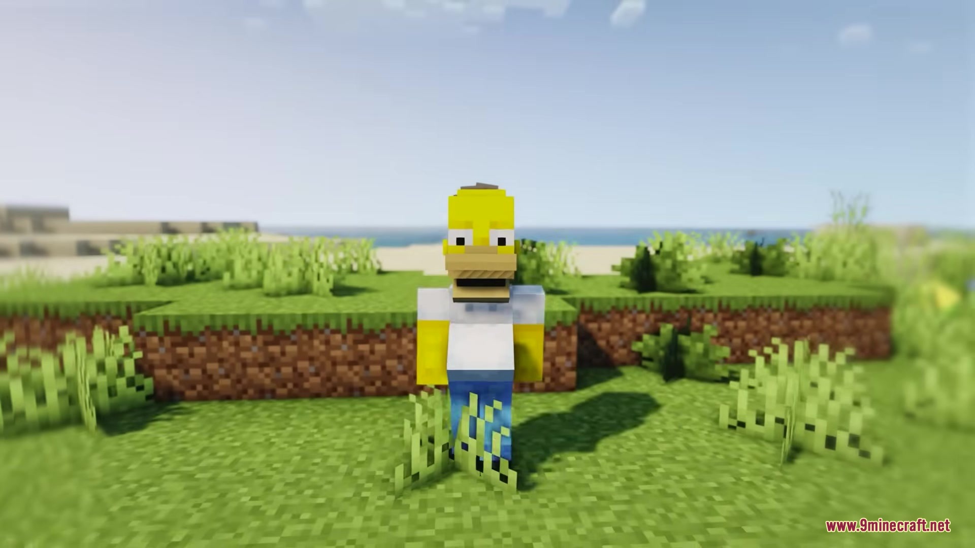Fingees Mod Mod Screenshot 8 Homer Simpson cosmetic character standing in a grassy field in Minecraft
