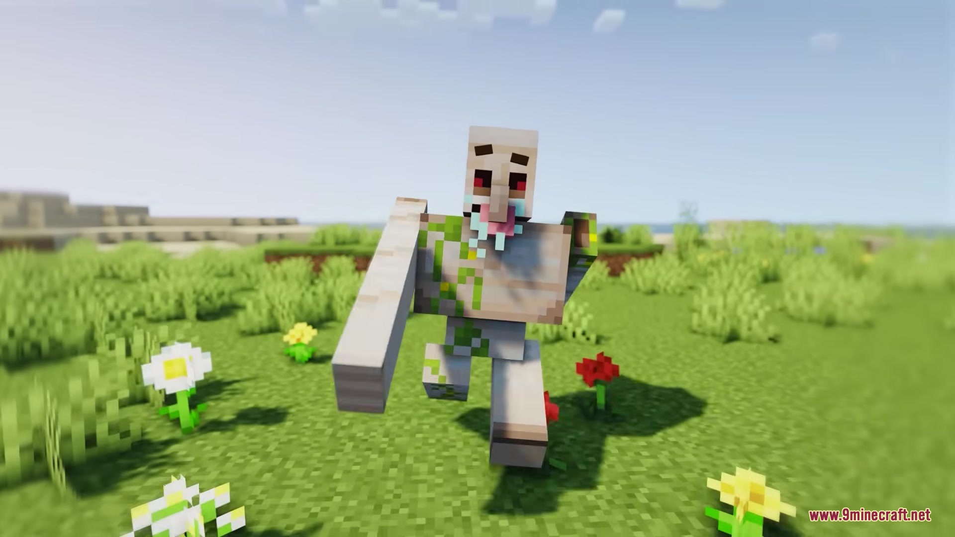 Fingees Mod Mod Screenshot 9 A silly iron golem with a villager face running through a flower field