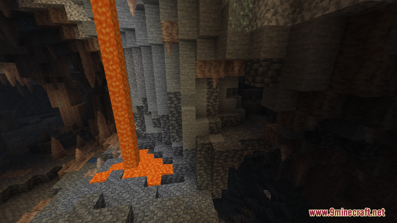 A bright underground cave featuring a lava fall and pointed dripstone blocks