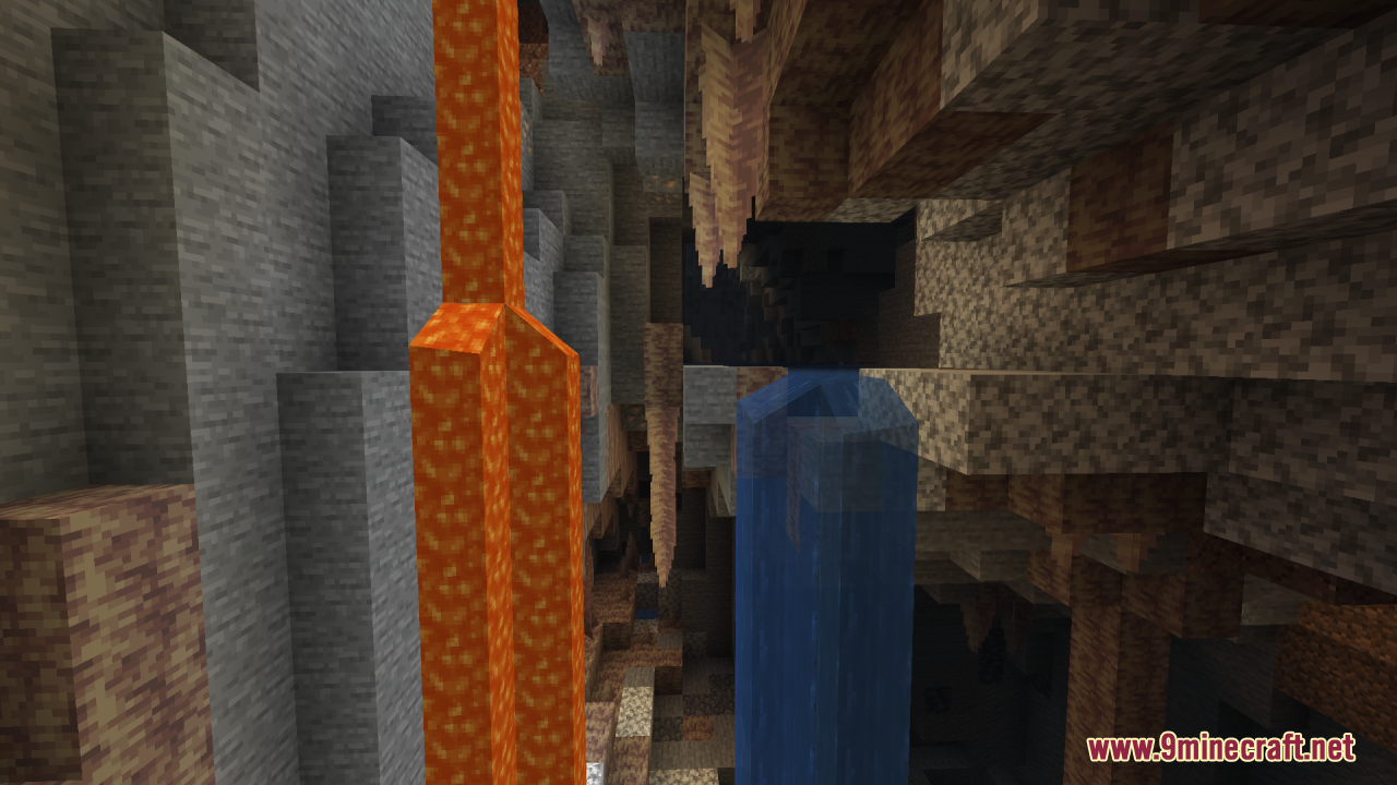 Brightly lit cave interior with lava and water flows near dripstone formations