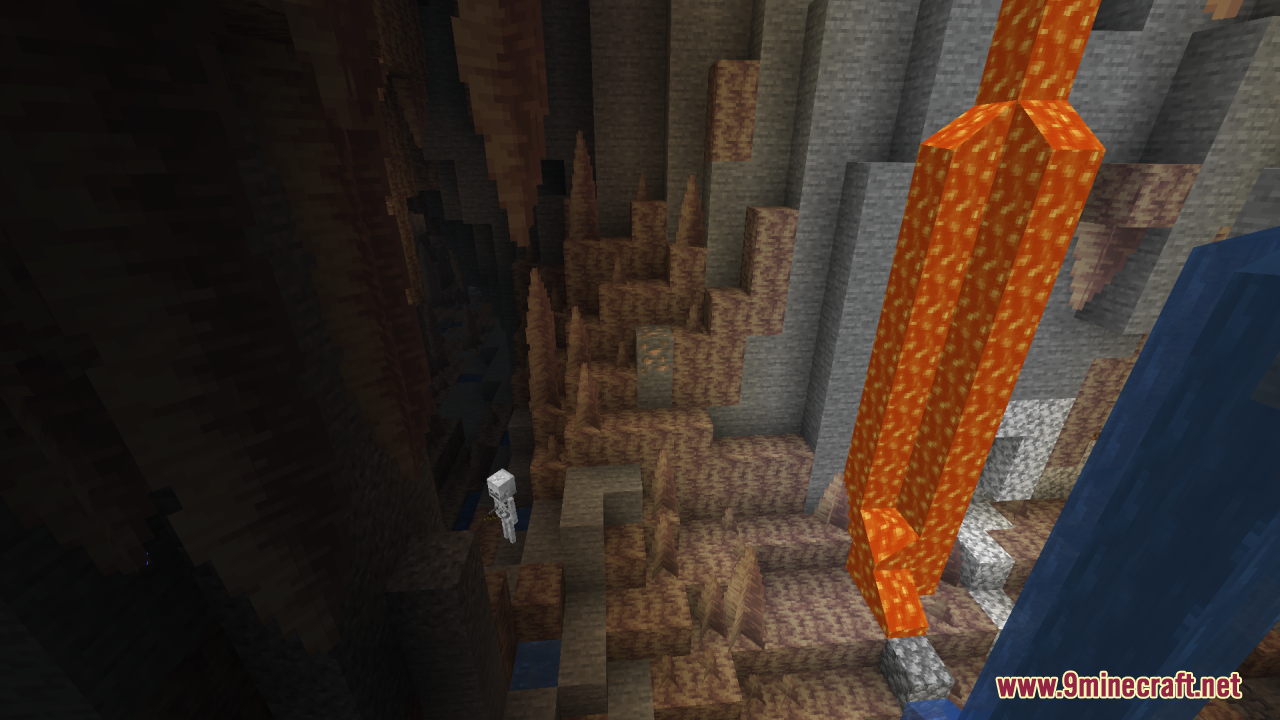 A skeleton standing in a bright cave with lava and dripstone blocks