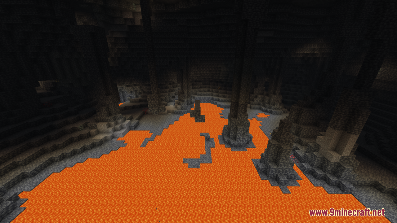Bright underground Minecraft cave with a large lava pool and stone pillars