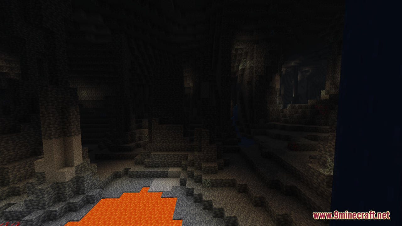 Dark Minecraft cave showing a small lava pool and rocky terrain