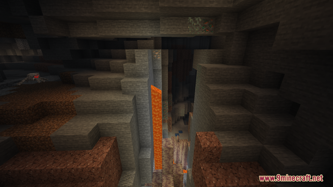 Brightly lit Minecraft ravine showing a lava fall and various ores