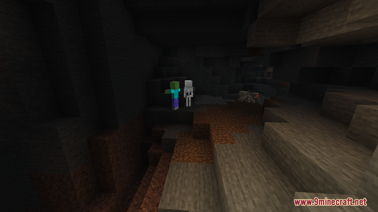 A zombie and a skeleton stand in a dark cave near a spider