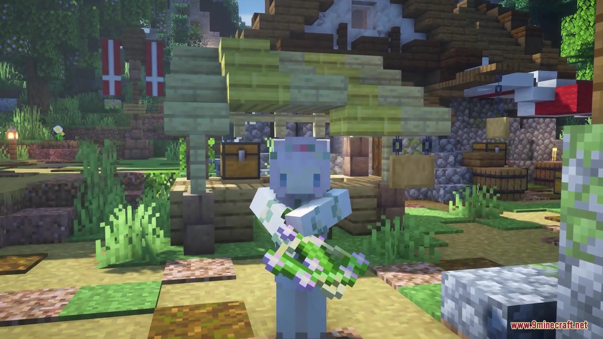 Player character displaying the oak leaves with small blossoms in a village