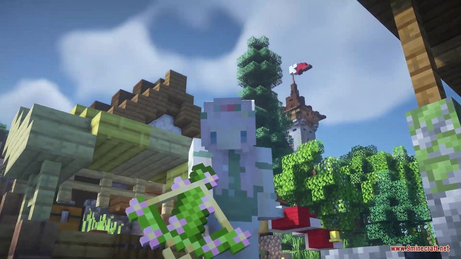 Minecraft character holding a flowering oak leaf block near a tall stone tower