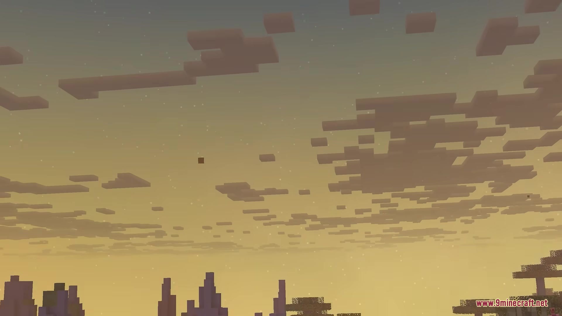 Fluffy blocky clouds floating across a warm orange sunset sky in Minecraft