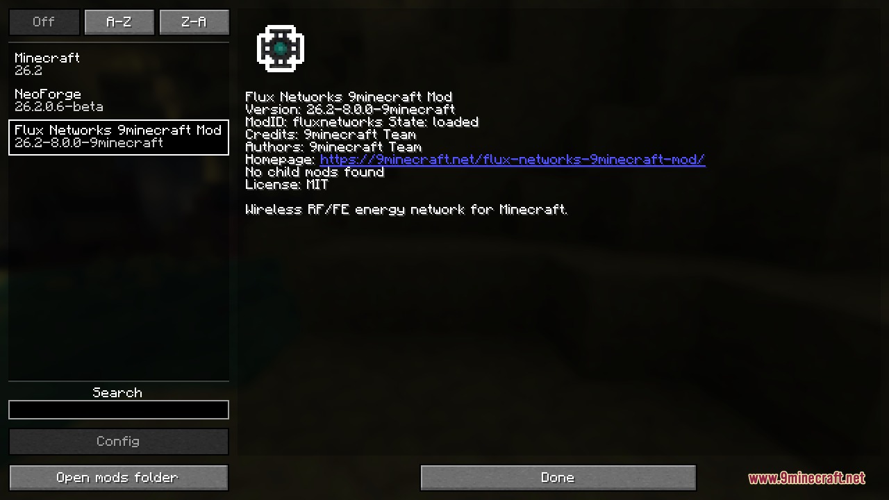The mod's information page in the in-game mods list, showing the loaded state and a clickable homepage link