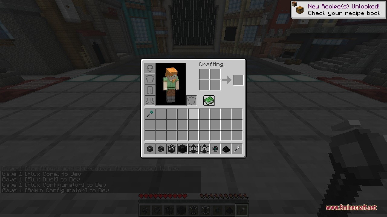 The inventory showing the full set of Flux items - the Plug, Point, and Storage blocks plus Flux Core, Flux Dust, and the Configurator tools