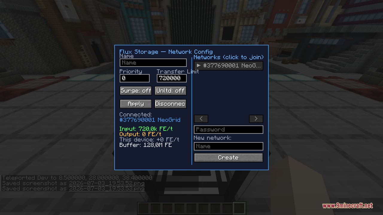 The Network Config screen of a Flux device connected to a named network, showing a 720,000 FE/t transfer limit, an input of 720.0k FE/t, and a 128.0M FE buffer