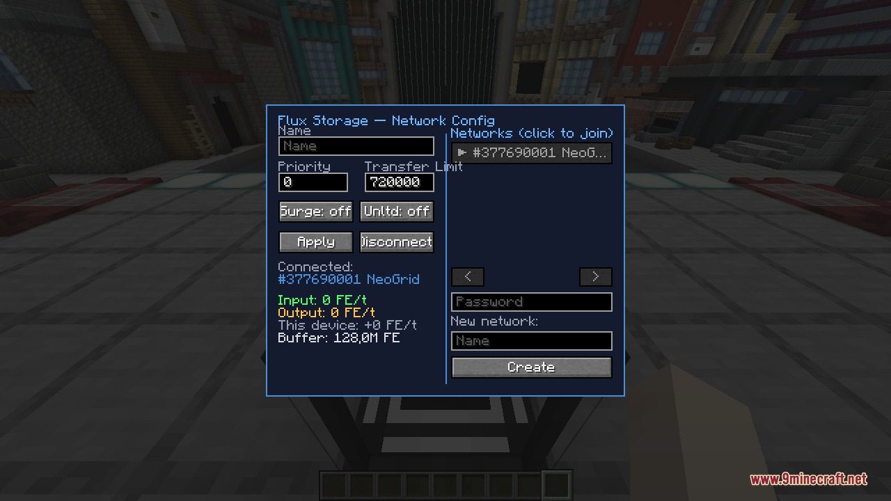 The same Network Config screen while the device is idle, with input and output reading zero FE per tick
