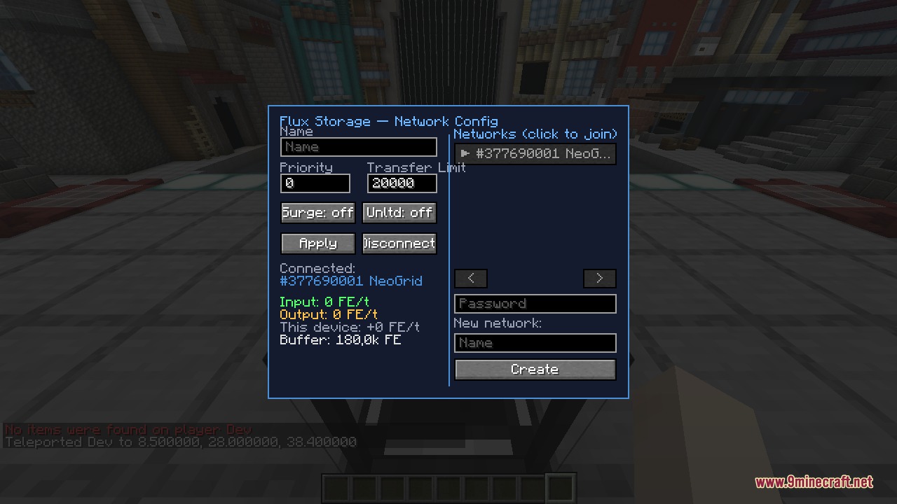 The Network Config screen set to a lower 20,000 transfer limit with a partly filled energy buffer