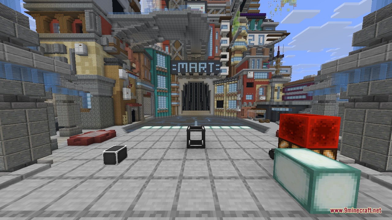 Flux devices sitting on the plaza floor, including a Flux Point feeding block and a bright energy-storage block