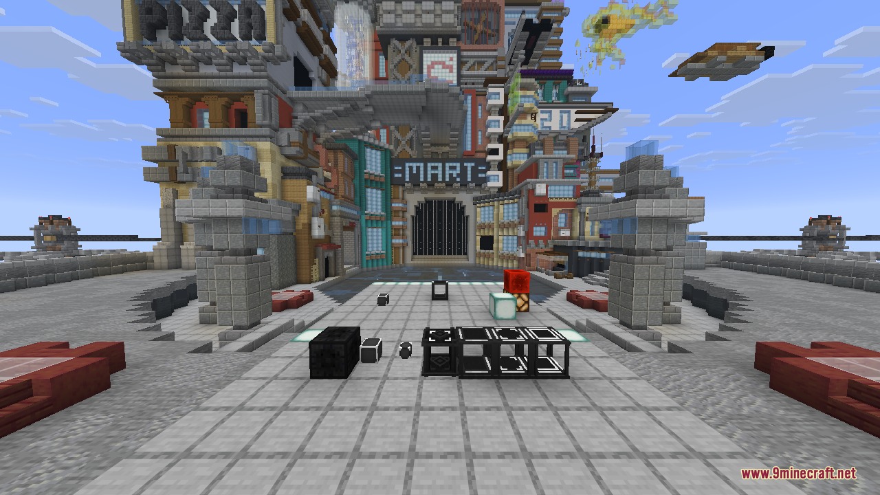 A wide view of several Flux Networks blocks arranged across the plaza