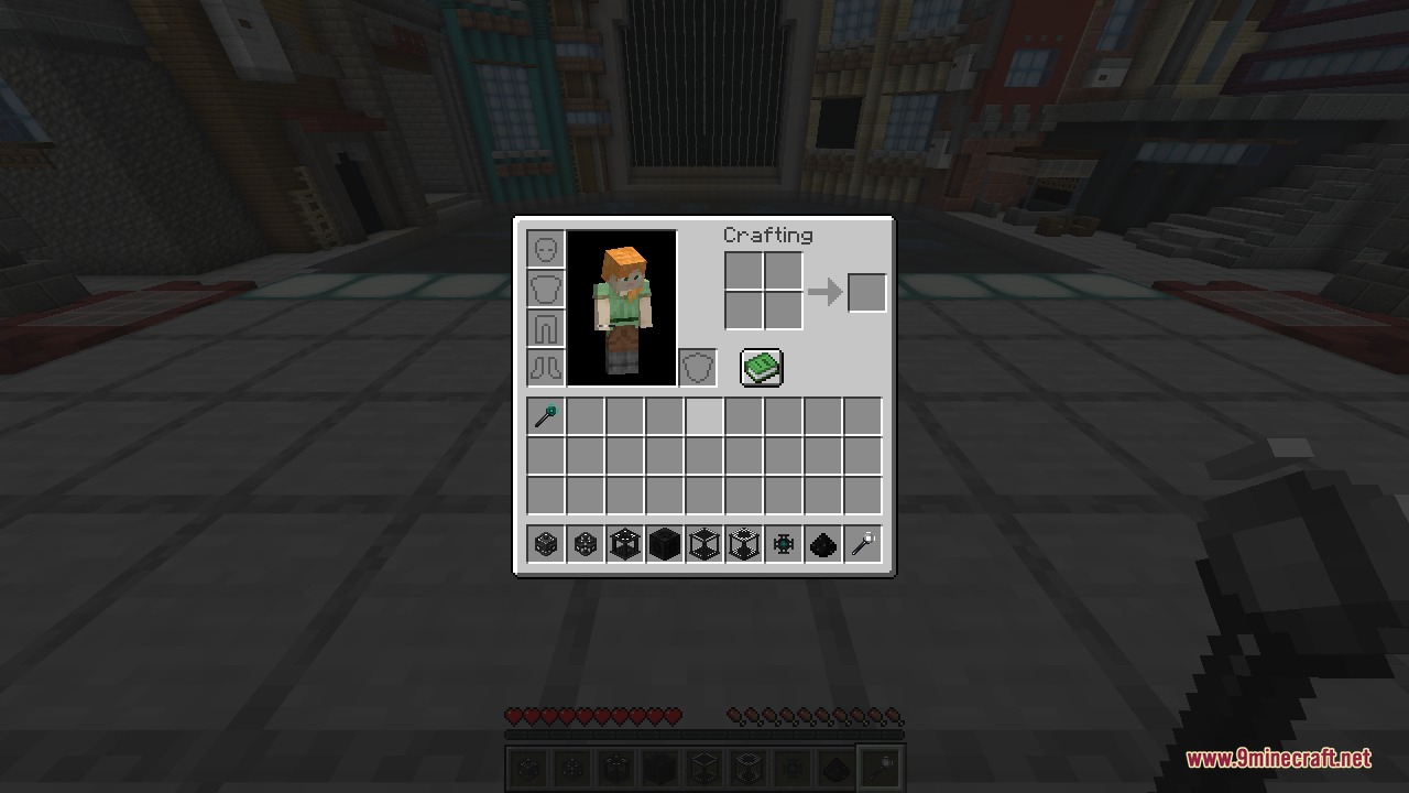 The player inventory and crafting screen with a hotbar full of Flux Networks blocks and items