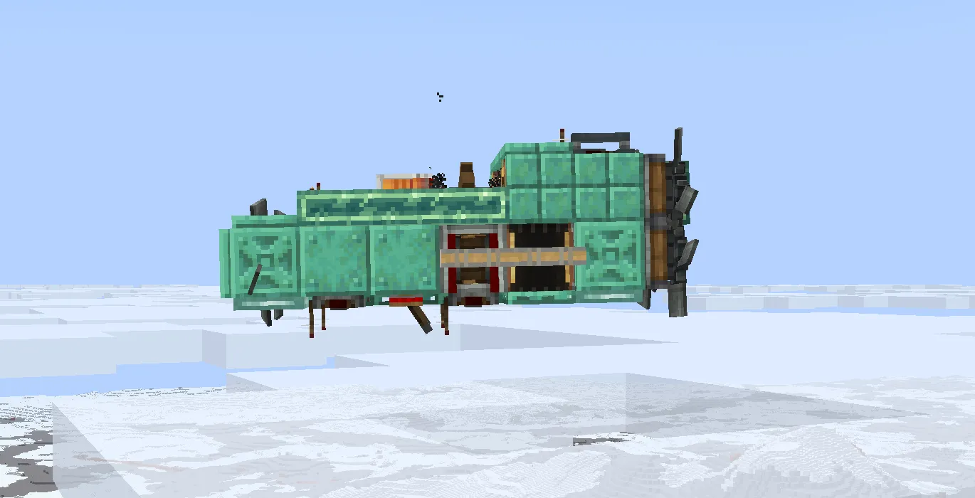 Side view of a copper flying vehicle hovering over a frozen snowy biome