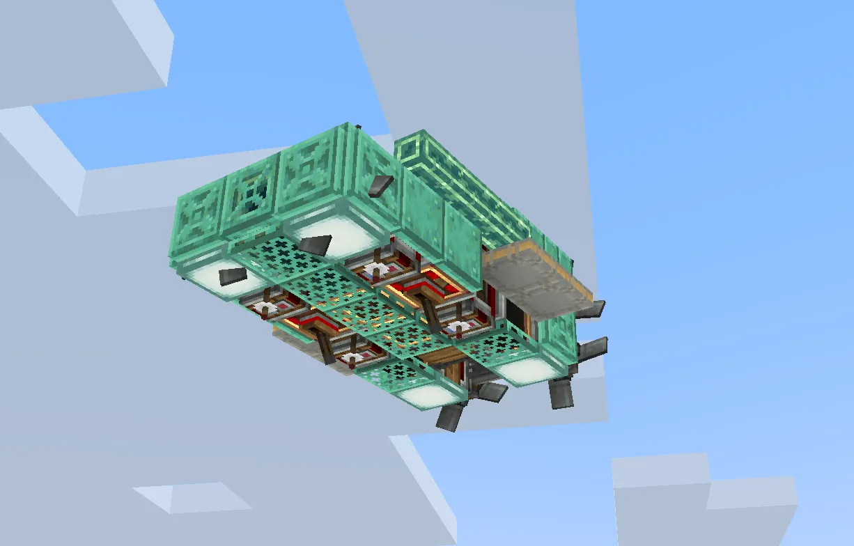Bottom view of an oxidized copper flying machine soaring in the sky