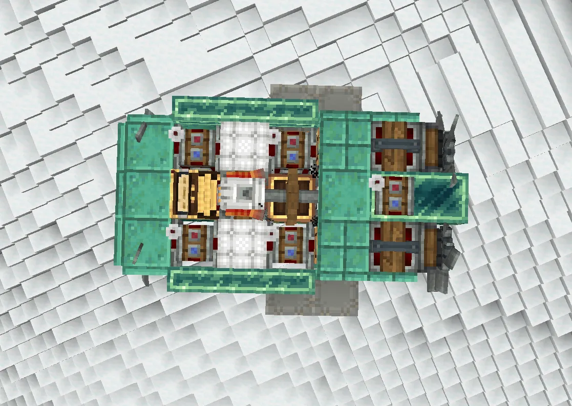 Top down view of a mechanical flying car showing seats and engines