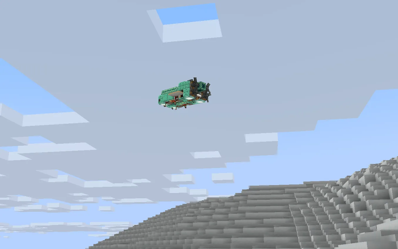 A small green flying machine soaring through the sky above a snowy mountain