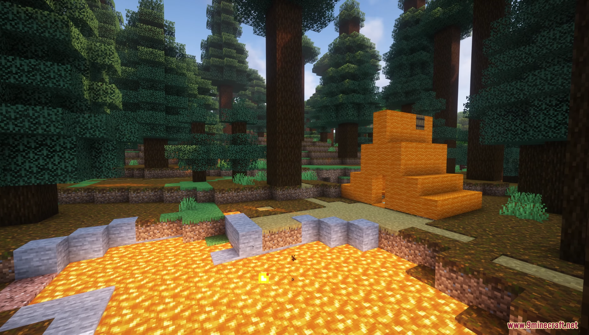 An orange tent stands near a glowing lava pool in the pine forest