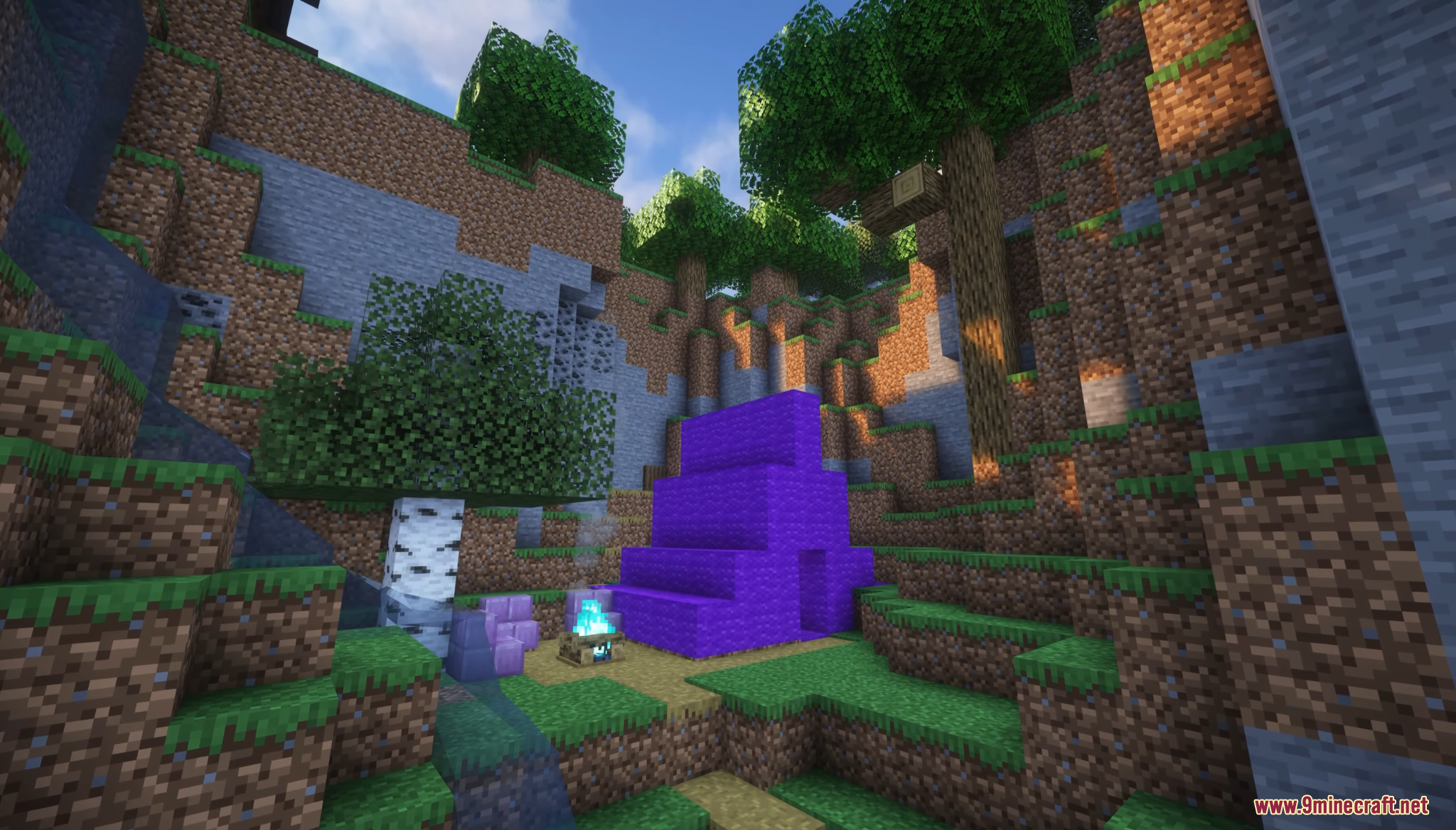 A purple wool tent and a soul campfire sit in a forest clearing