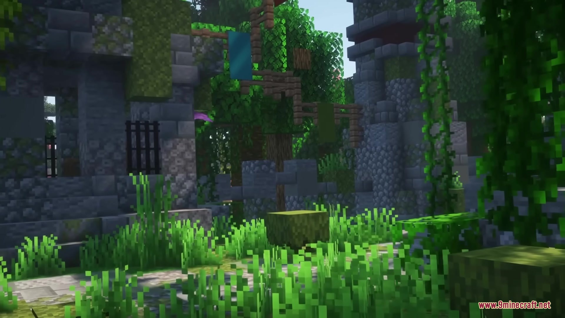 Abandoned stone ruins with hanging banners and vines in a Minecraft forest