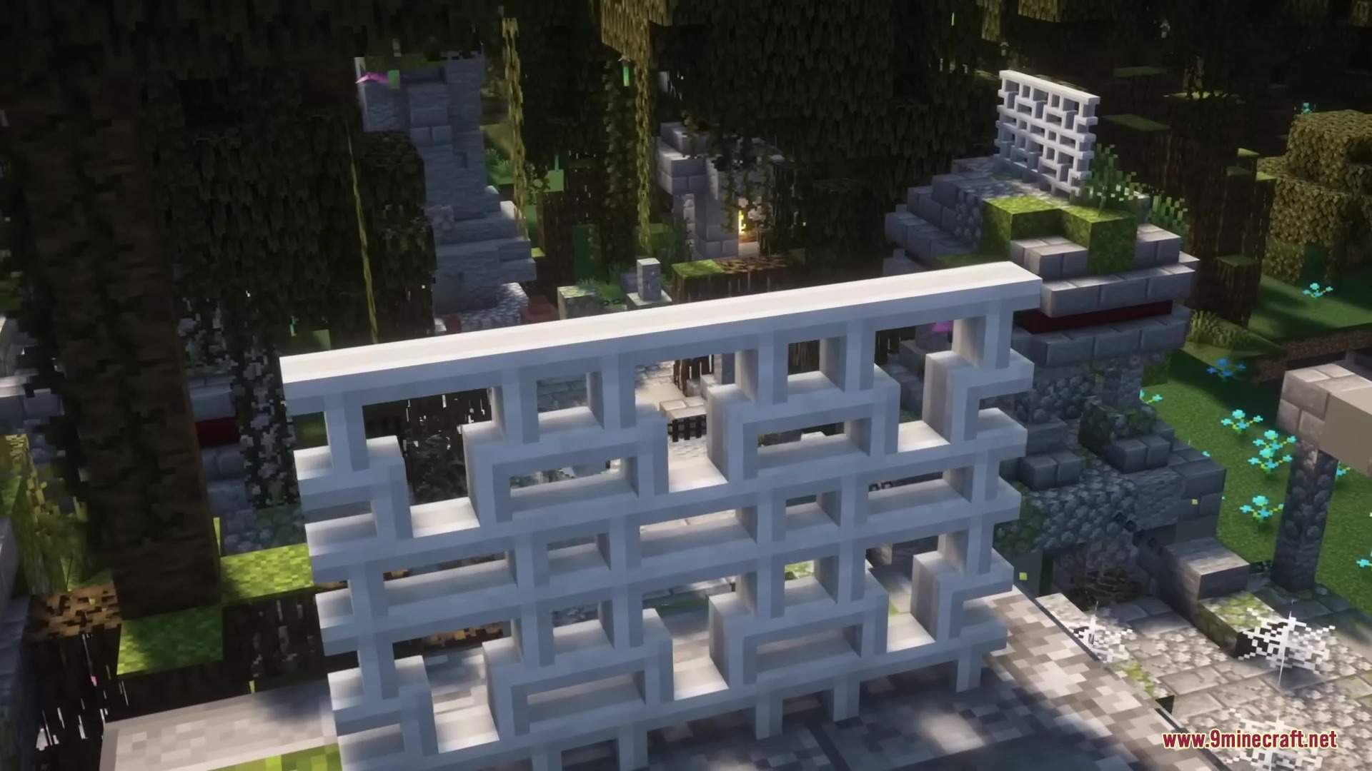 A white decorative lattice wall standing amidst the ancient Forgotten Ruins structures