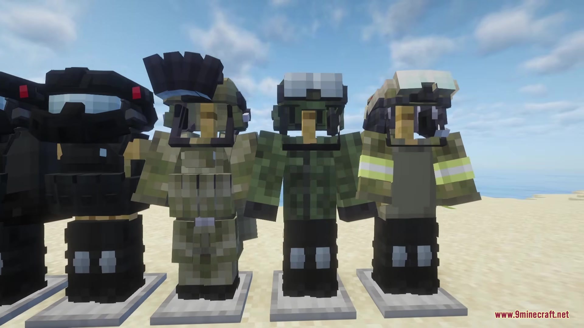 Three camouflage military outfits displayed on armor stands in a sunny environment