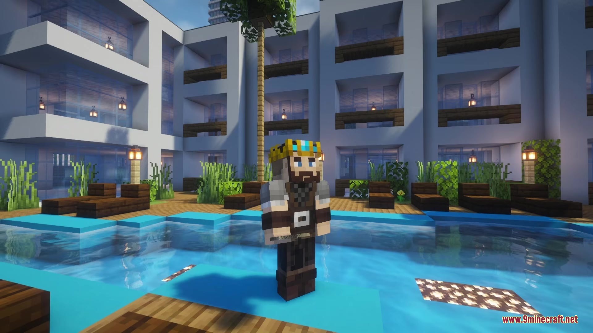 A Minecraft character wearing a crown stands by a pool in a resort