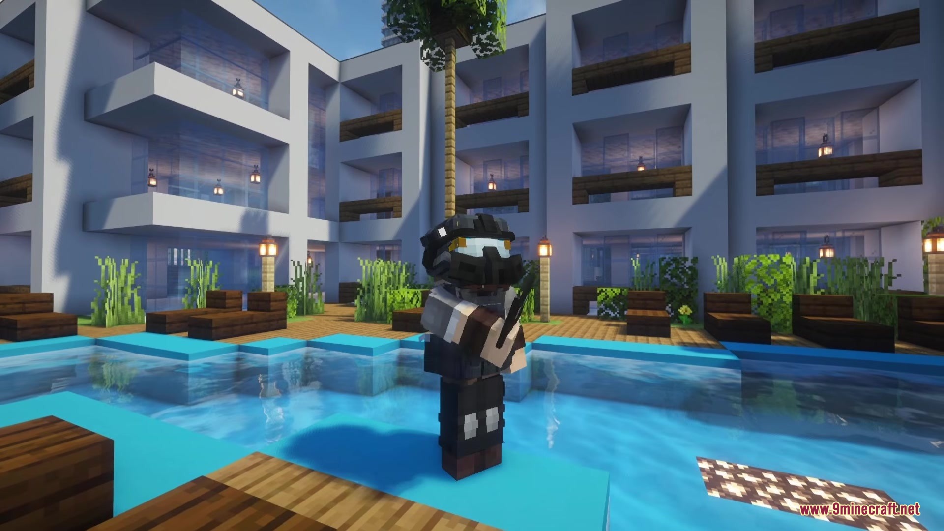 Player wearing Fracture Point Tactical Military gear stands near a luxury swimming pool