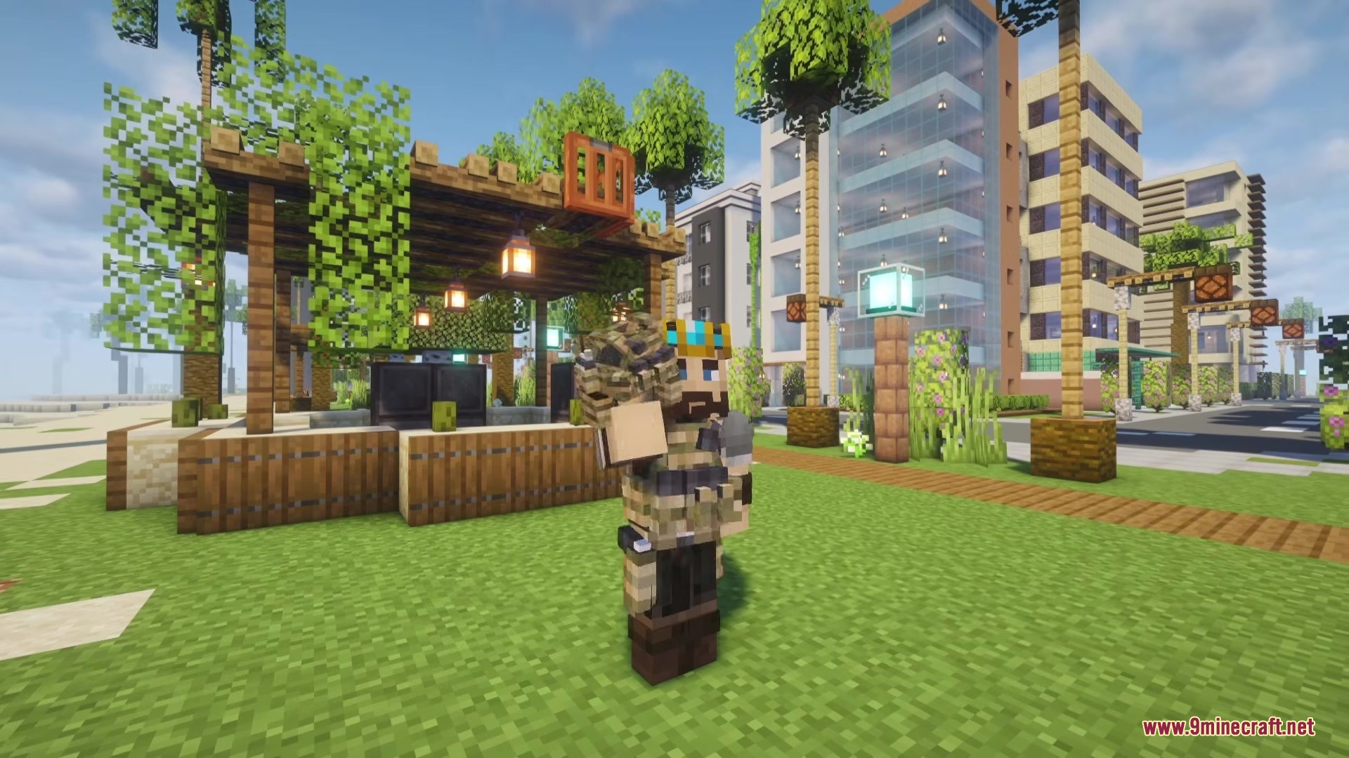 Minecraft character wearing camouflage tactical armor and a military backpack in a city