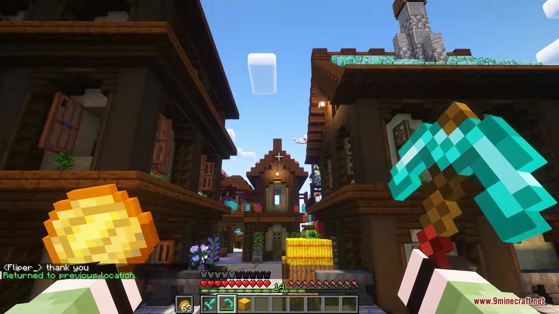 Friend TP Mod Screenshot 5 A player holding a diamond pickaxe in a village after teleporting back