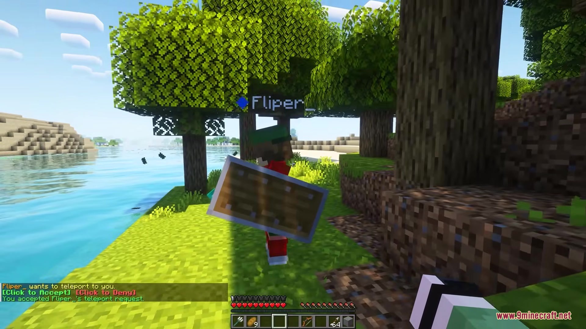 Friendtp Mod Screenshot 3 A teleport request notification appears in the chat while exploring a forest