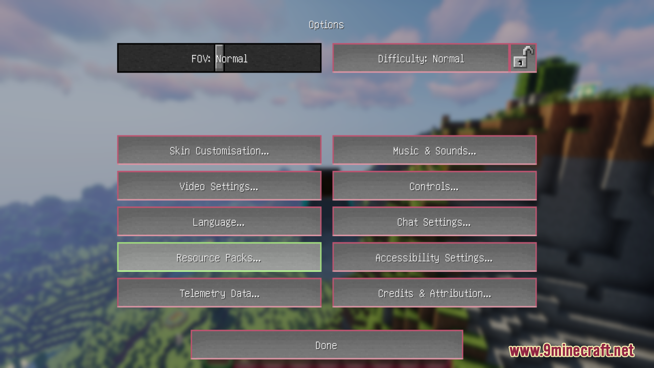 Frogcrafting Hotbar Resource Pack Screenshot 1 Minecraft options menu with a custom pink and green frog themed interface